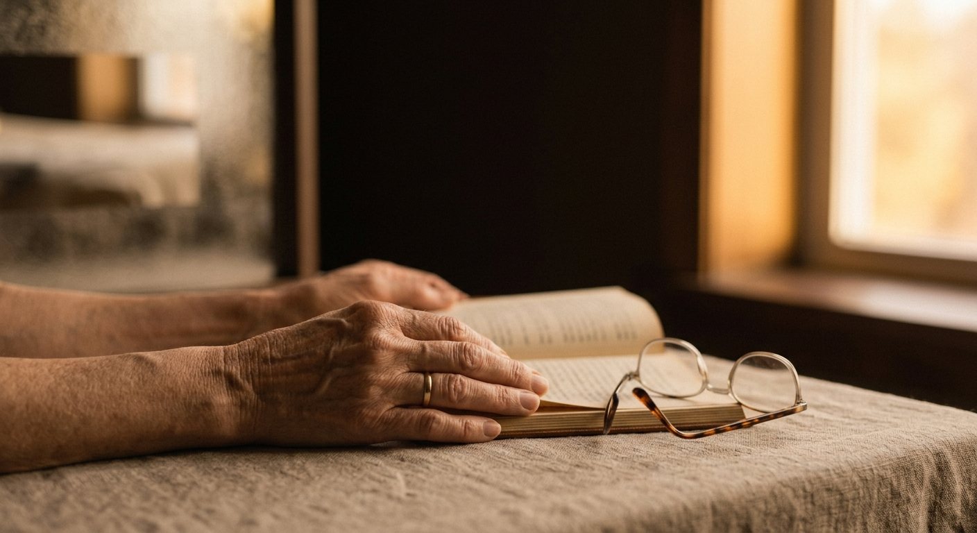 Mãos sobre um livro aberto com óculos de leitura ao lado