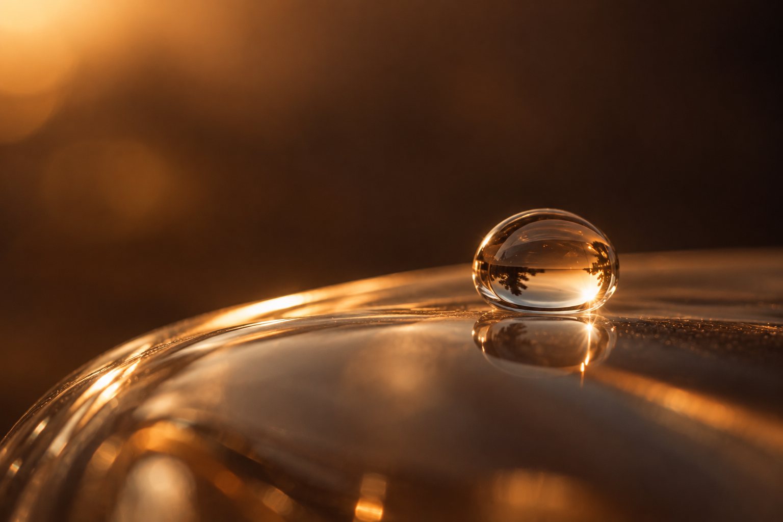 Gota de água sobre uma superfície curva de vidro iluminada
