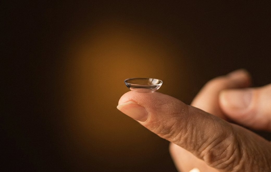 Lente de contato na ponta de um dedo